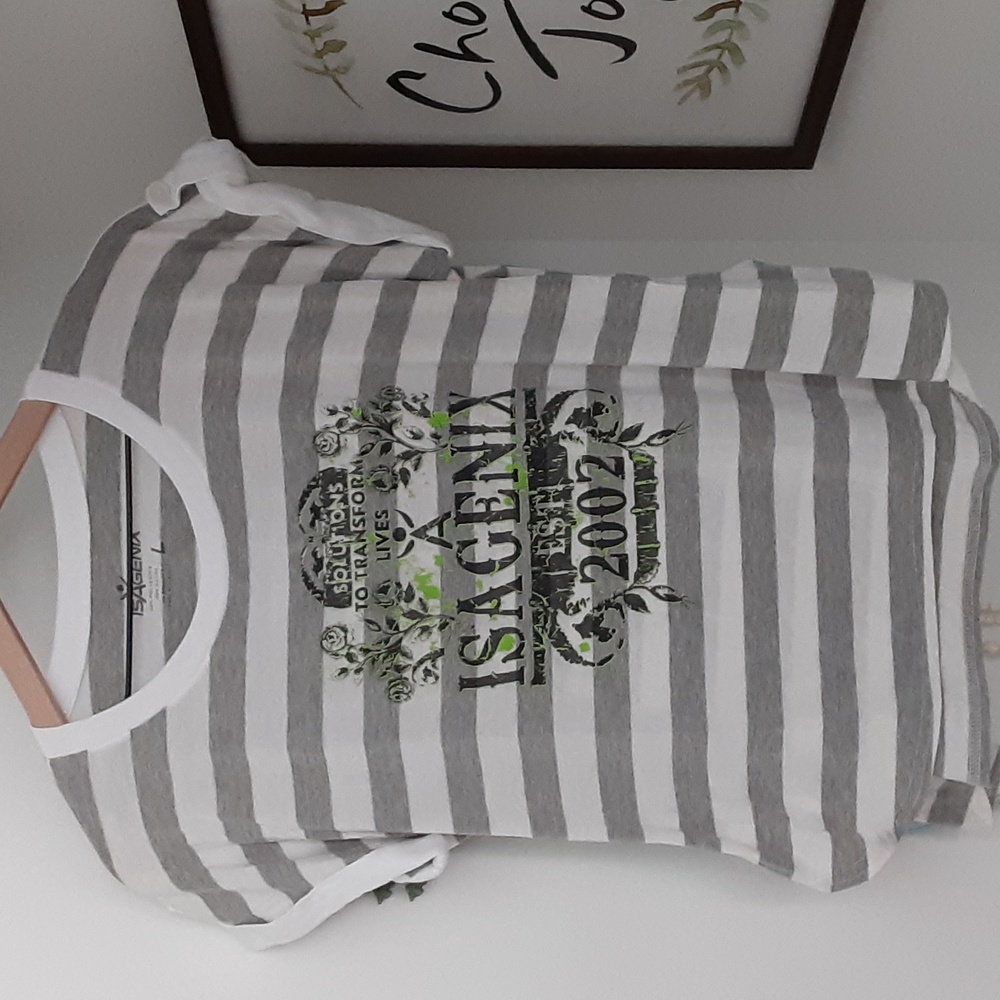 Women's Sz Large Isagenix Gray White Striped Short Sleeve Logo Tshirt